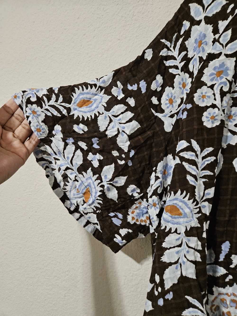 LOFT Brown Floral Peasant Top with Blue and Cream Blooms - Picture 3 of 6